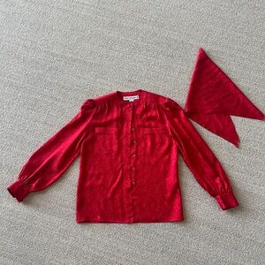Gorgeous, vintage Adele Simpson red silk blouse with scarf.  Size 6